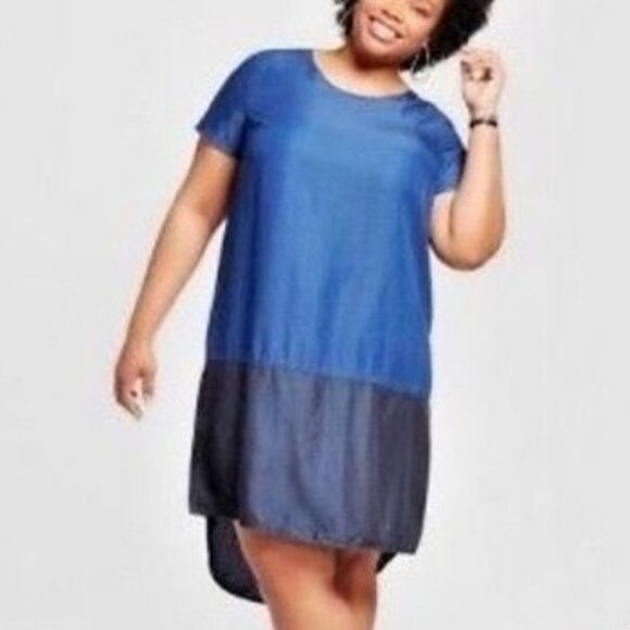 Ava-Viv Chmbry Denim Clr Blck Short Sleeve High Low Midi Dress w/Scarf SZ 1X NWT - Picture 10 of 10